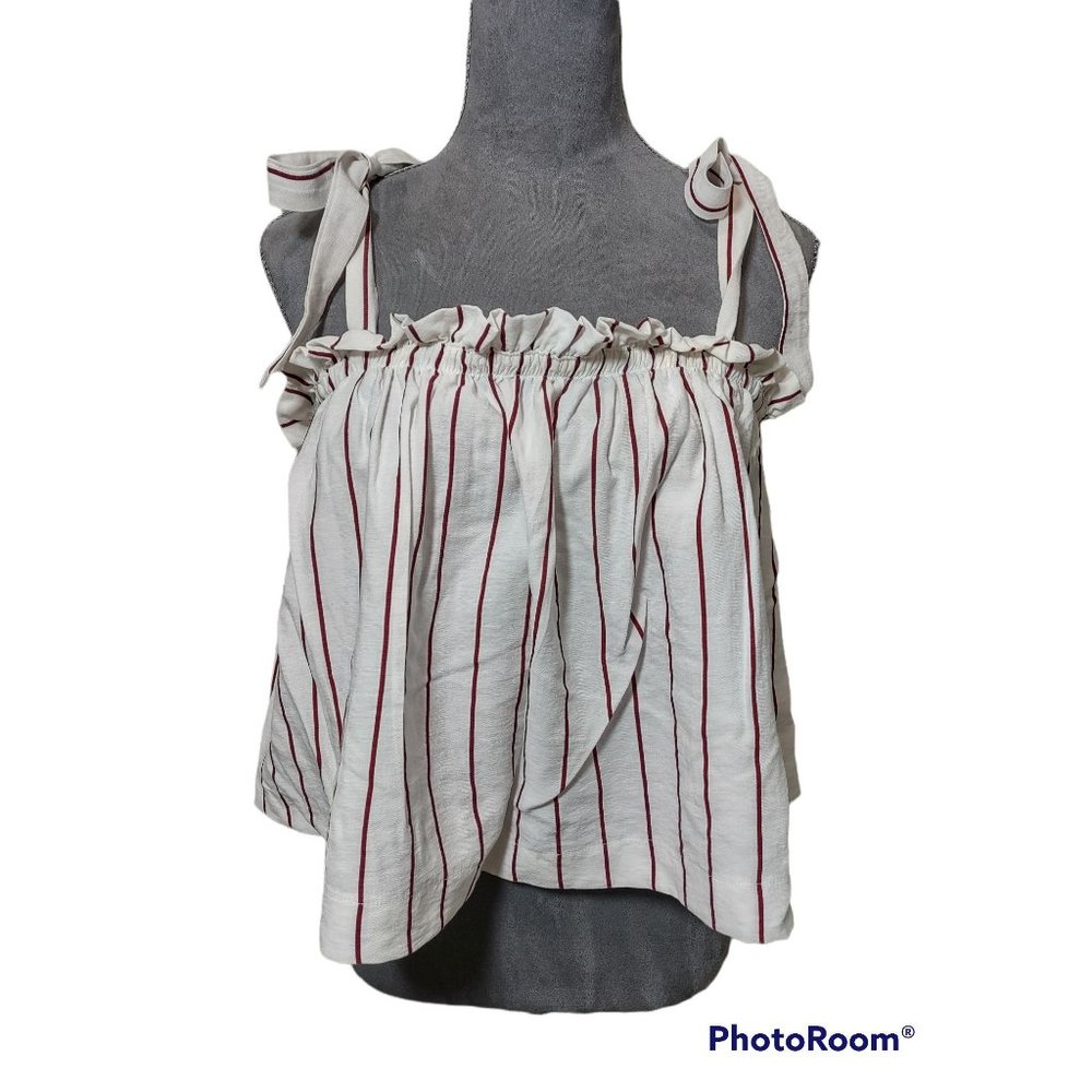 SVBO Peasant Crop Top Elastic Bustline Tie Straps Striped Boho Blouse Large